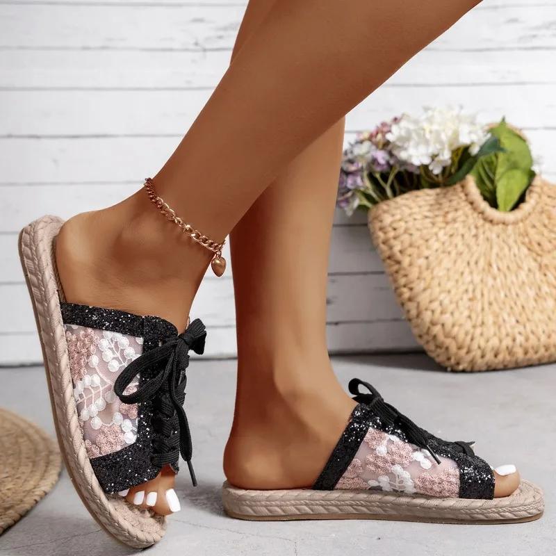 Women's Shoes 2024 High Quality Elastic Band Women's Sandals Fashion Bling Casual Slippers Women New Peep Toe Flat Slippers
