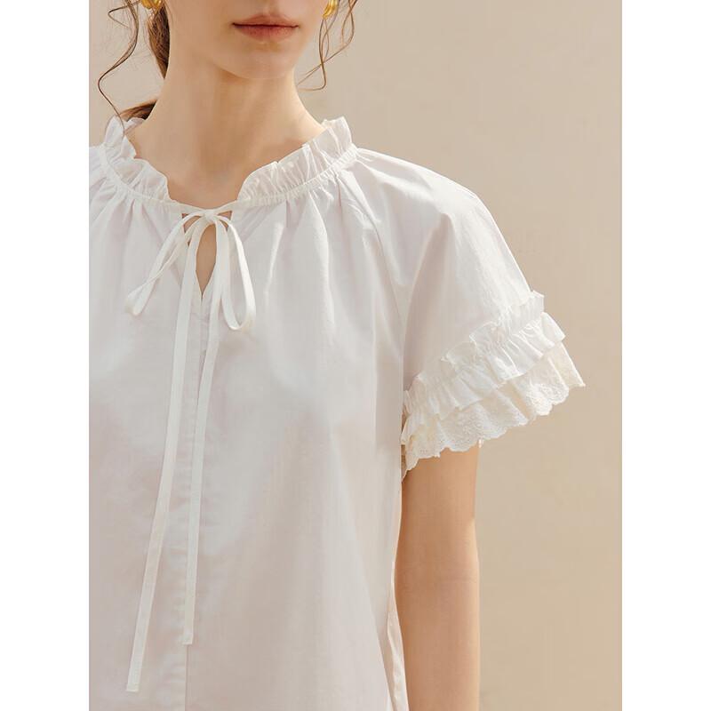 INMAN Women's Tie-Waist Ruffle Puff Sleeve Cotton Shirt