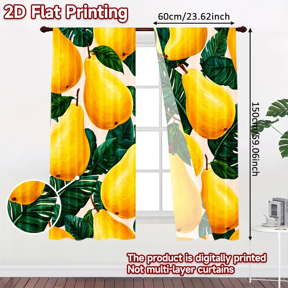2D FLAT PRINTING 2pcs Curtains (Without Rod) Fresh Pears and Green Leaves New year Festival Fashion Curtains Machine Washable