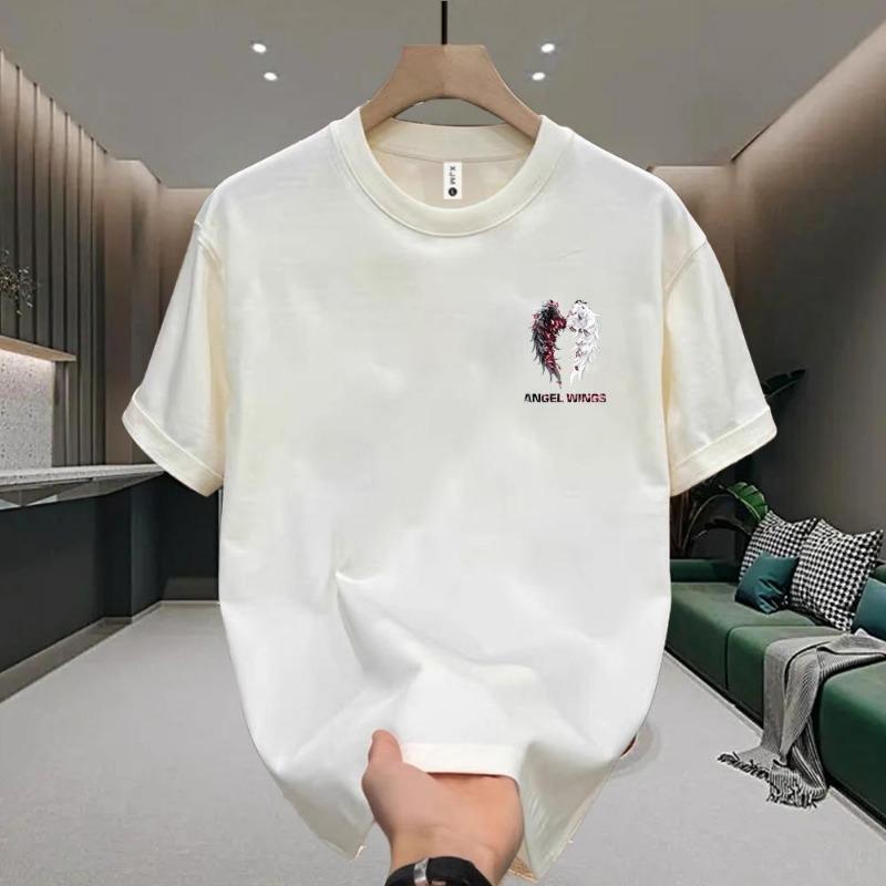 Loose Heavyweight Round Neck Short Sleeve T Shirt Angel Wings Print Unisex Casual Summer Top