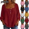 JPNTKY Women's Fashion Casual Solid Color Print Square Collar  Blouses & Shirts