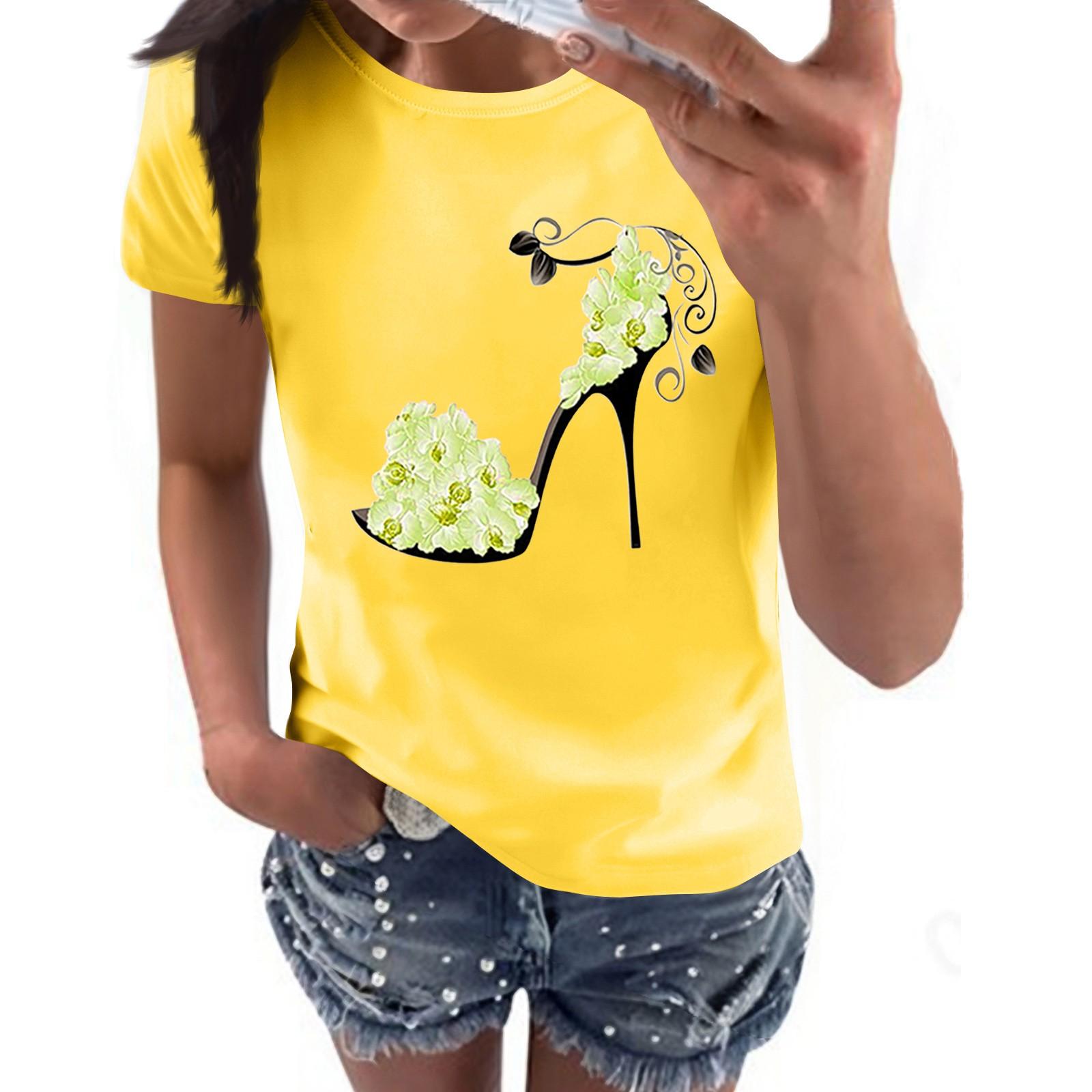 

Women s Casual High Heels Floral Print Casual Short-sleeved T-shirt Pullover Round Neck Short-sleeved Top XXL жовтий
