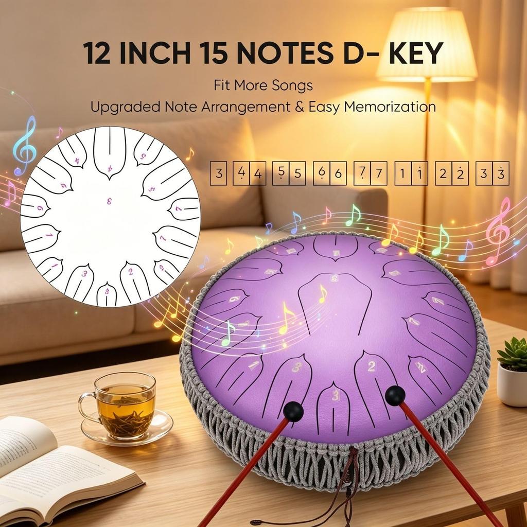 Musfunny Slit Drum Tongue Drum 15 Notes 12 Steel Tongue Drum Inch