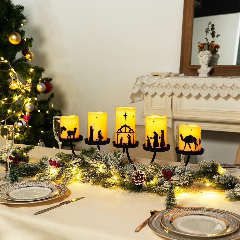 Homemory Flameless Christmas Nativity Scene Candles, Battery Operated LED Pillar Religion Candles, Nativity Sets Indoor Outdoor Decorations for Xmas