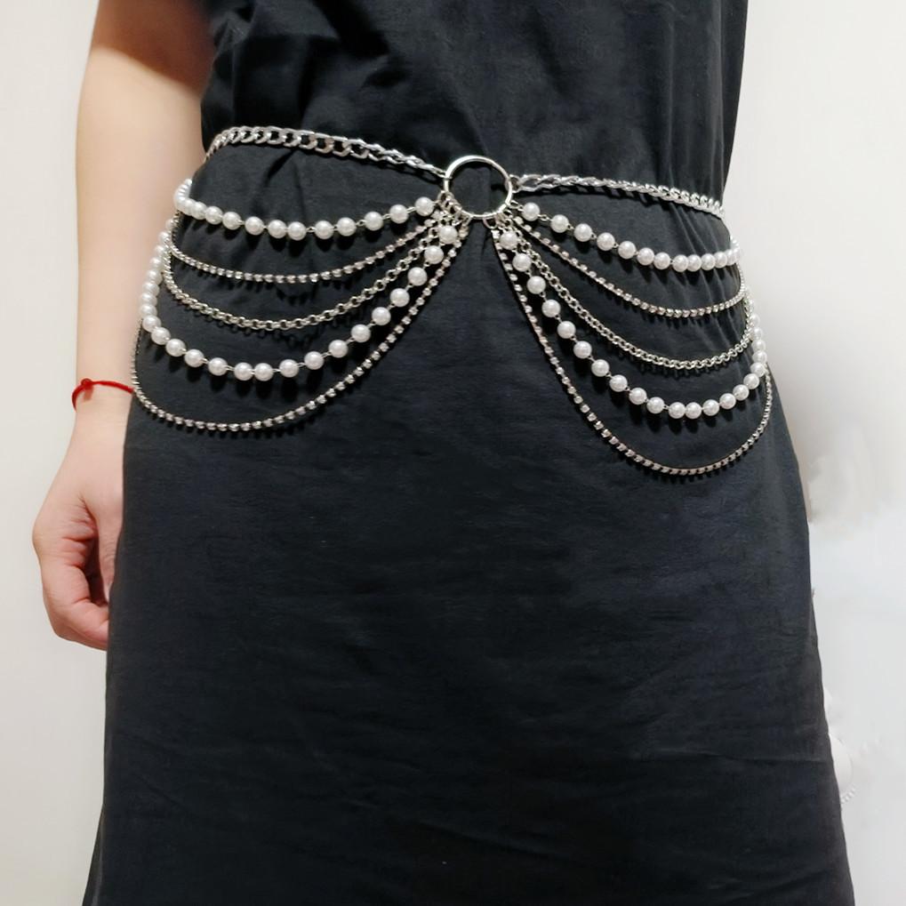 

Light luxury rhinestone multi-layer metal chain waist chain women s retro imitation pearl body chain