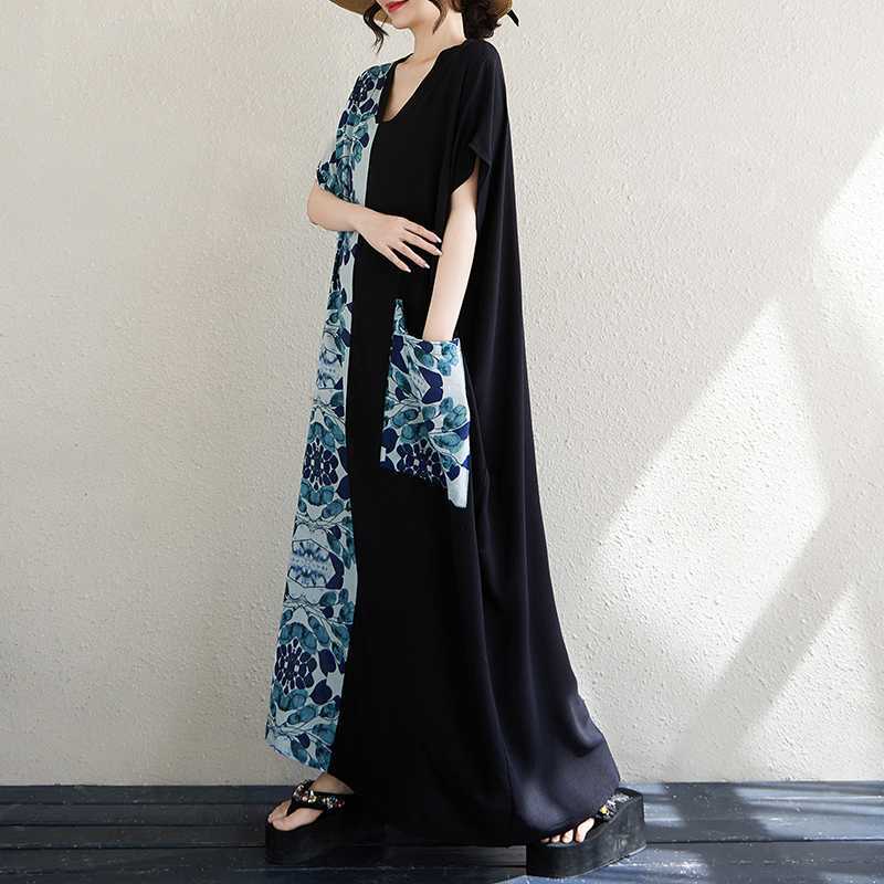 Women's Cotton and Linen Retro Slimming Short Sleeved Color Blocked Dress