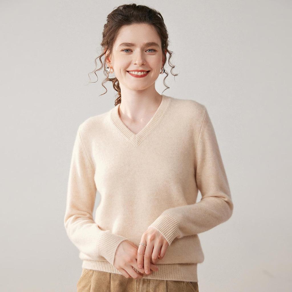 Damen Kaschmir V-Ausschnitt Pullover - Verdickte Herbst/Winter Strickware, Langarm, Überschnittene Schulter, Sieben-Stich Pullover Basisschicht.