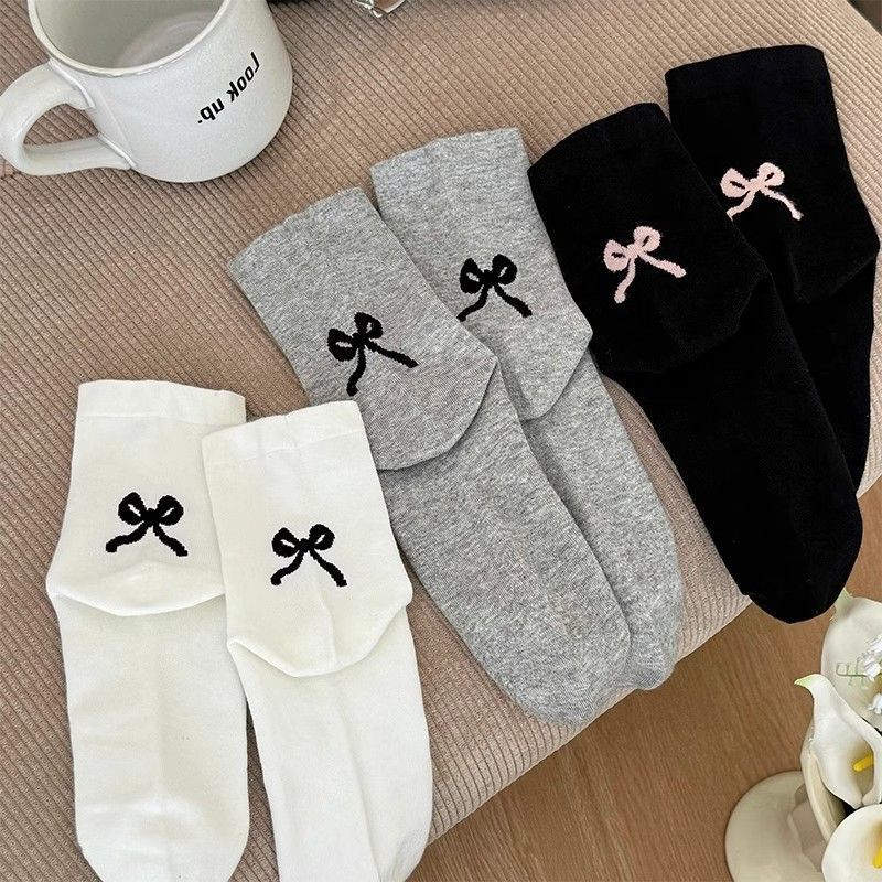 3 Pairs New Mid-calf Socks with Cute Bow At The Heel Women's Slouch Socks Spring/Summer