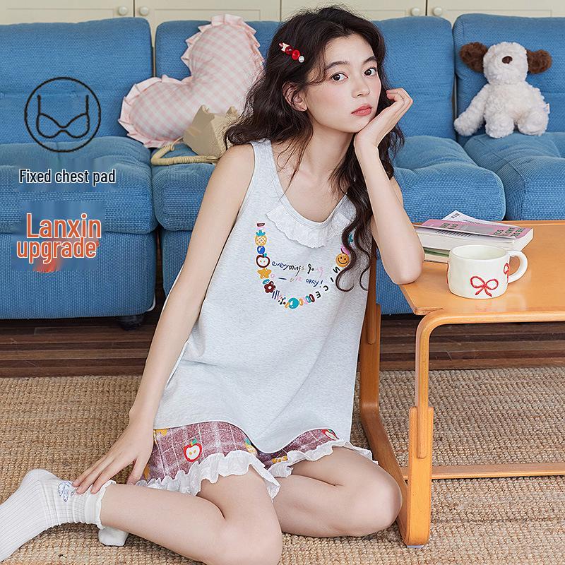 2026 Women's Summer Cotton Pajama Set with Built-in Bra, Cute Cartoon Tank Top & Shorts for Indoors and Outdoors