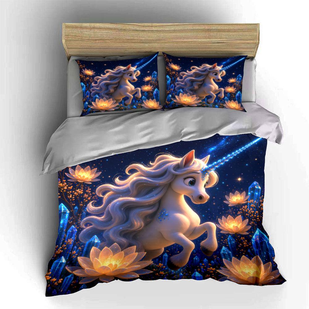 Enchanted Unicorn with Glowing Lotuses Bedding Set for Kids Luxury Gift 3pcs Digital Print Comforter Set Soft Comfortable