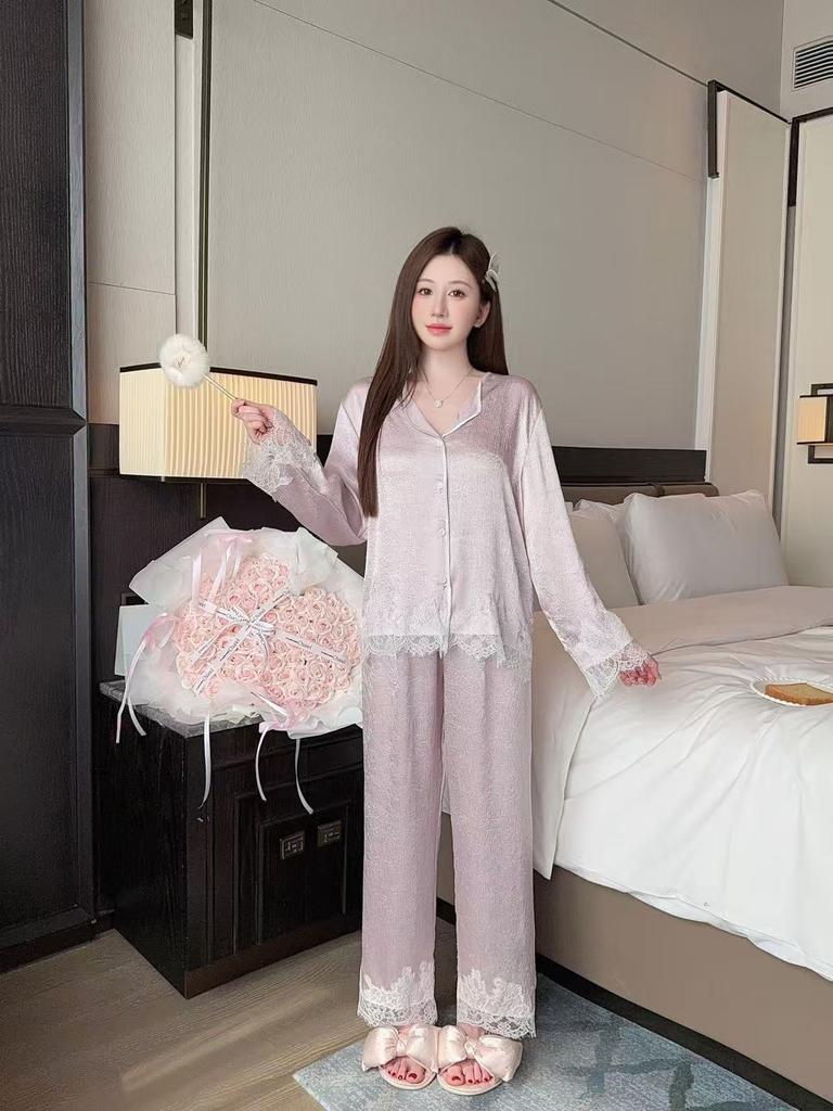 Pajamas women's spring 1011 new high-end scratching flower acetic acid long-sleeved beautiful lace gentle light luxury loungewear