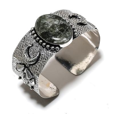 Natural Seraphinite Handmade 925 Sterling Silver Cuff Bangle Adjustable q1J79