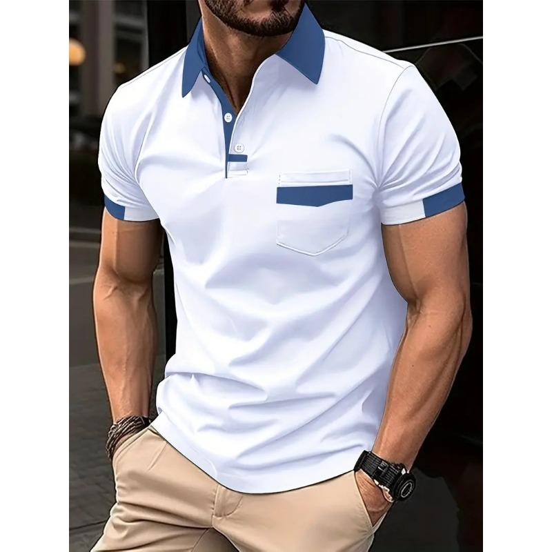 Men Short Sleeve Contrast Polo Shirt with Chest Pocket Casual Daily Wear S белый