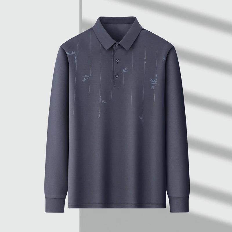 

New Men S Business Casual Long Sleeved Printed Polo Shirt Fashionable Breathable Comfortable Versatile Top For All Seasons 3XL темно серый