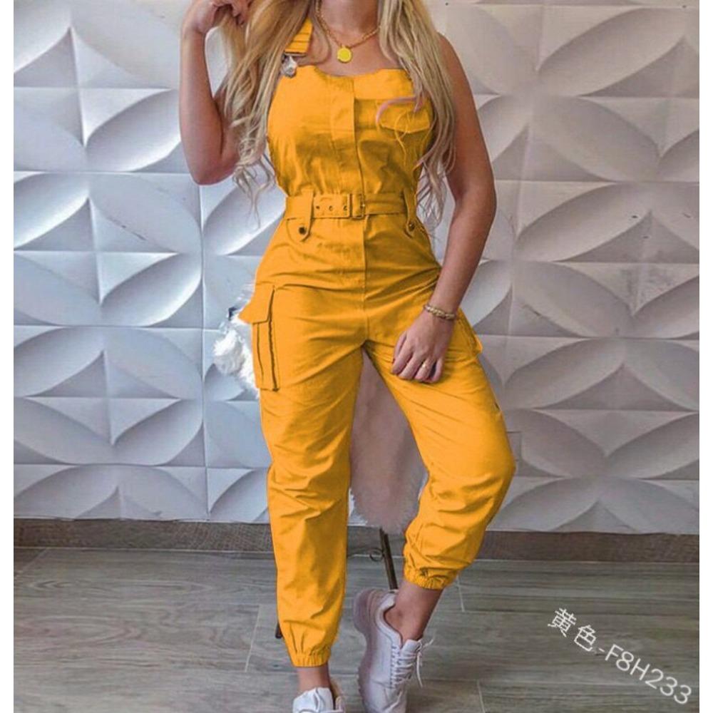 Women s High Waist Sleeveless Belted Cargo Jumpsuit Casual Jogger Romper S жёлтый