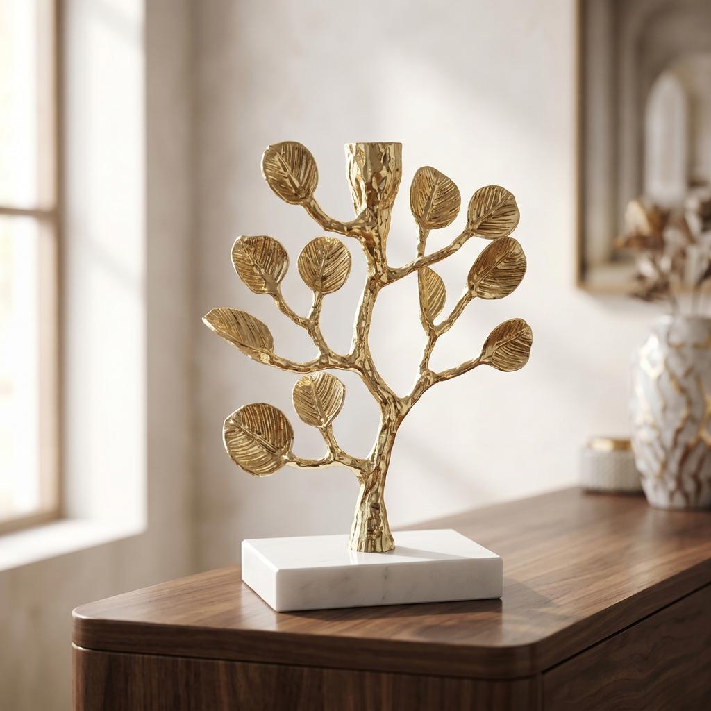 Tree Branch Candlestick Metal Candle Holder with Marble Base Decor Tabletop Elegant for Living Room, Entryway