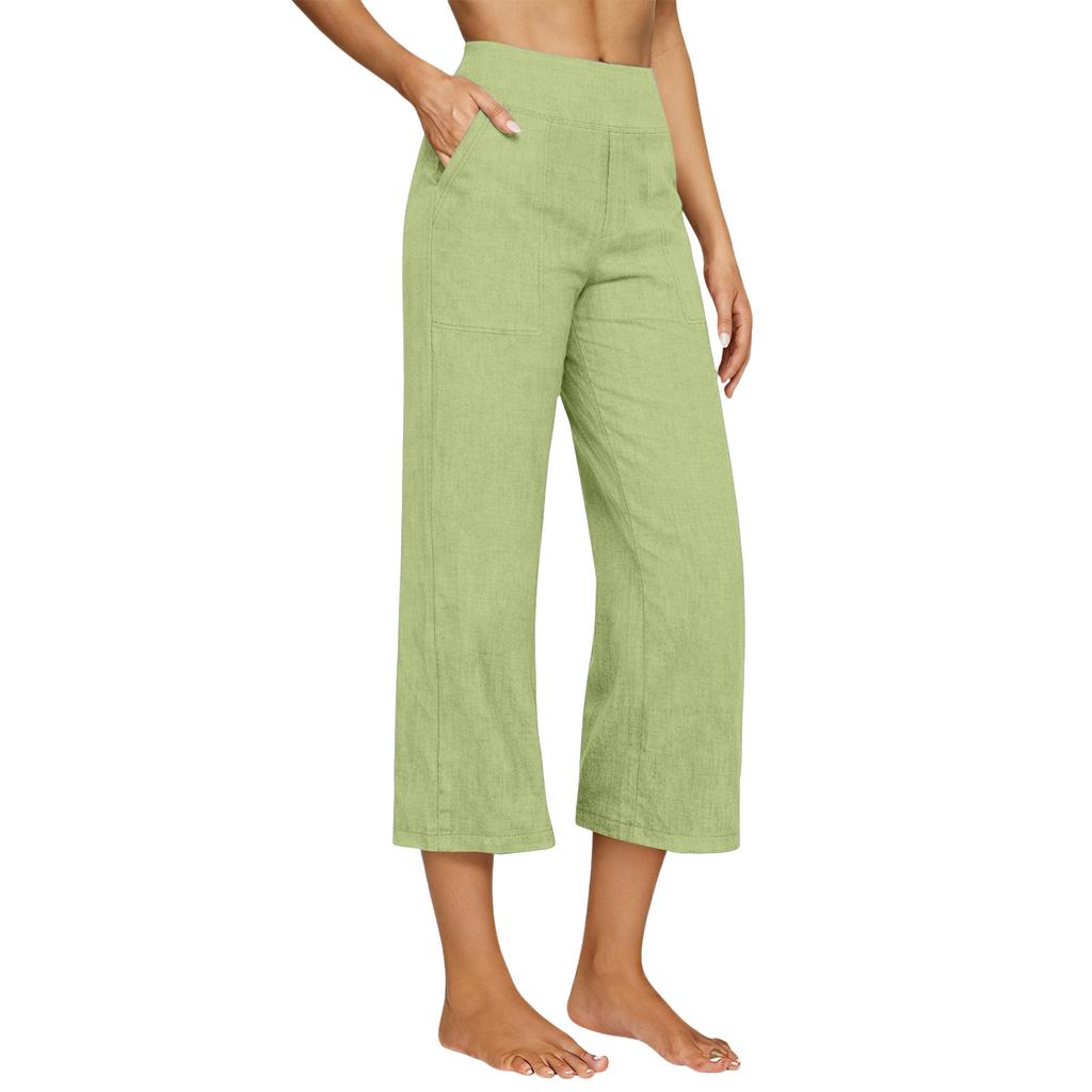 Women's Fashionable Loose-Fit Pocket Cotton-Linen Blend High-Waisted Wide-Leg Pants Casual Cropped Trousers