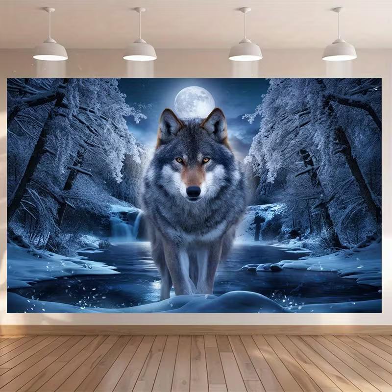2D Winter Grey Wolf Backdrop Moonlit Snow Forest Waterfall Nature Photography Background