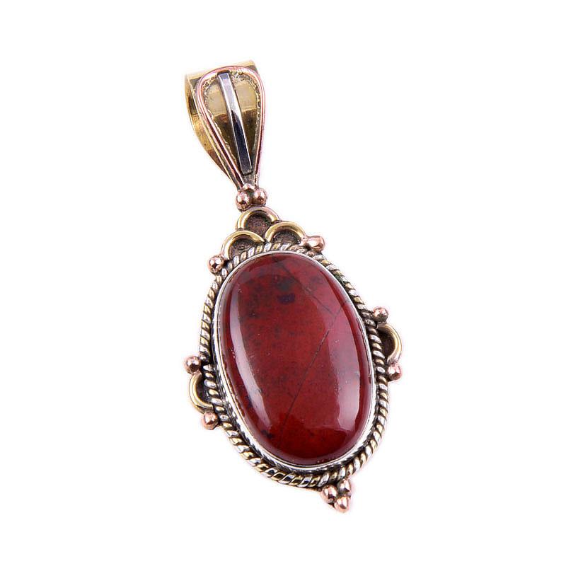 Natural Red Jasper Gemstone 925 Solid Sterling Silver Two Tone Pendant 1.5" O0I13
