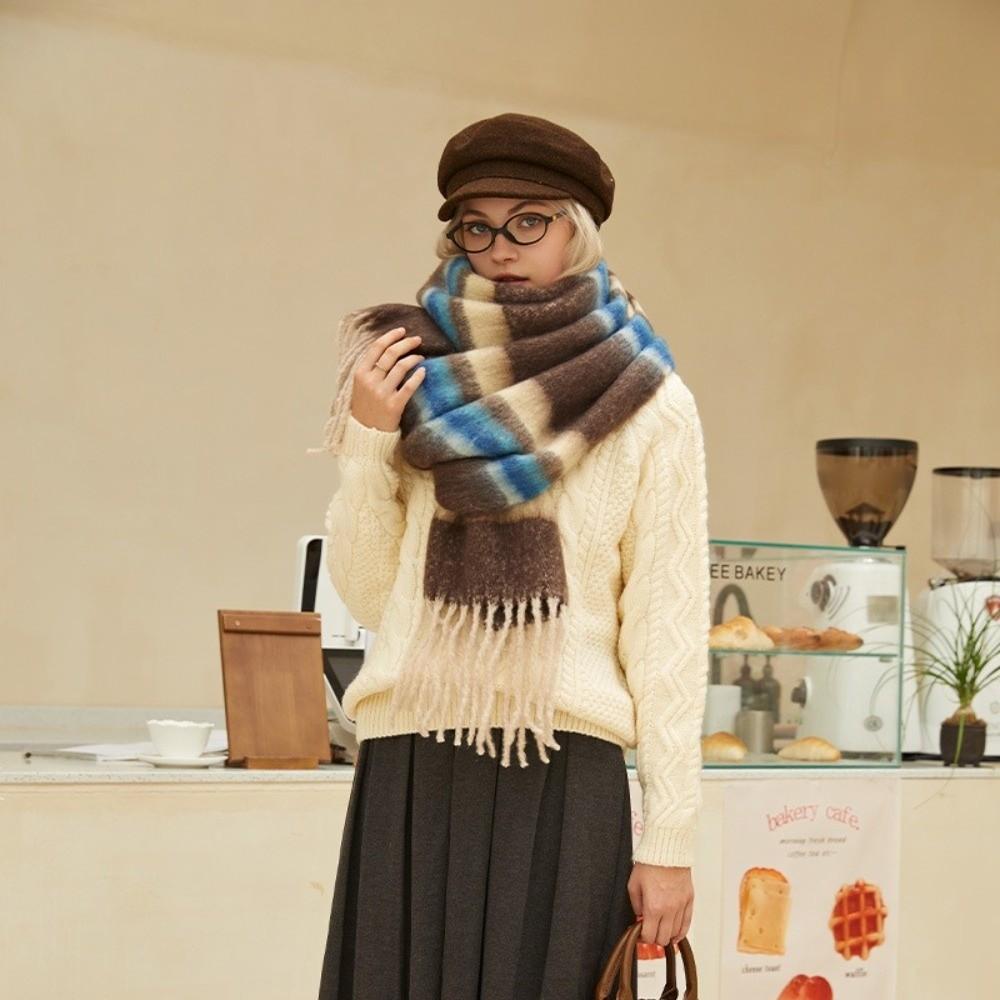 Tassel Stripe Wool Scarf Plush Long Shawl Simple Winter Cashmere Scarves  Autumn Winter