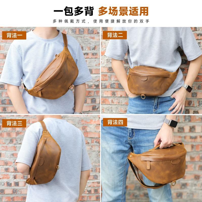 Crazy Horse Leather Retro Men's Waist Bag Outdoor Sports Single Shoulder Crossbody Large Capacity Leisure Multi Functional Chest