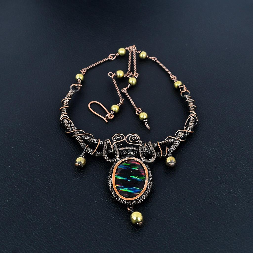 Ammolite Necklace Gemstone Jewelry, 999 Copper Wire Wrapped Necklace, Adjustable Handmade Chain Necklace Gift For Wife Jewelry