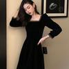 French Golden Velvet Square Neck Long-sleeved Dress Women's Autumn New Thin Retro Black Inner Dress Medium and Long Dress