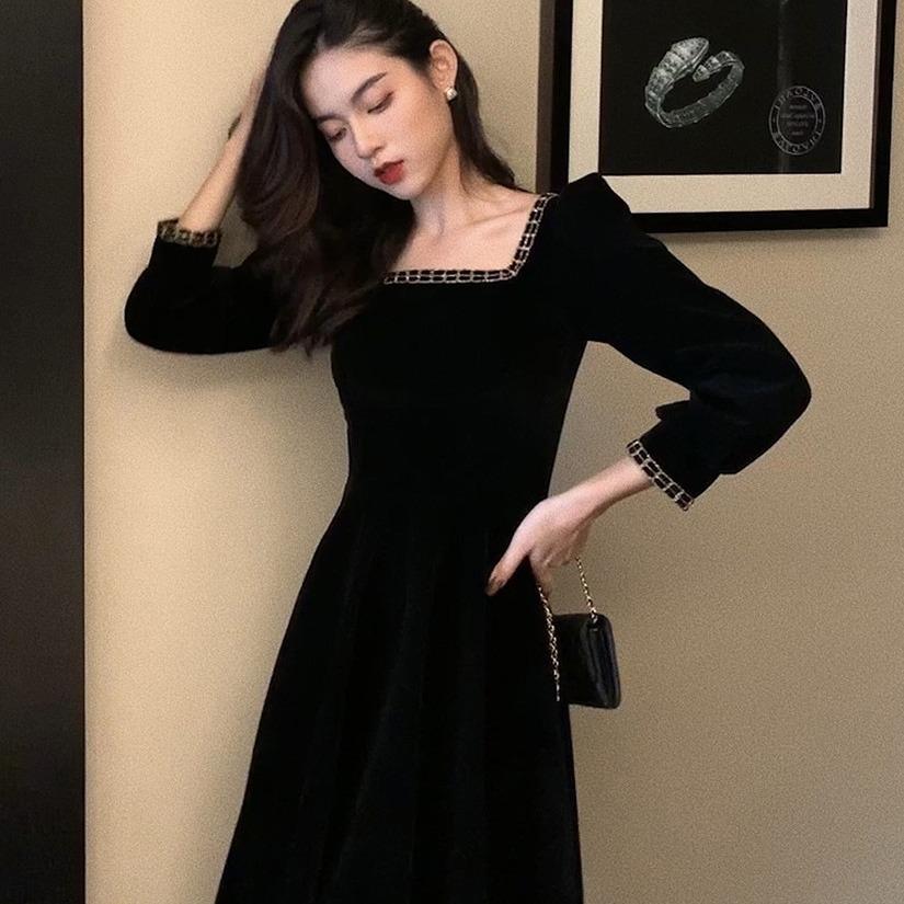 French golden velvet square neck long-sleeved dress women's autumn new thin retro black inner dress medium and long dress