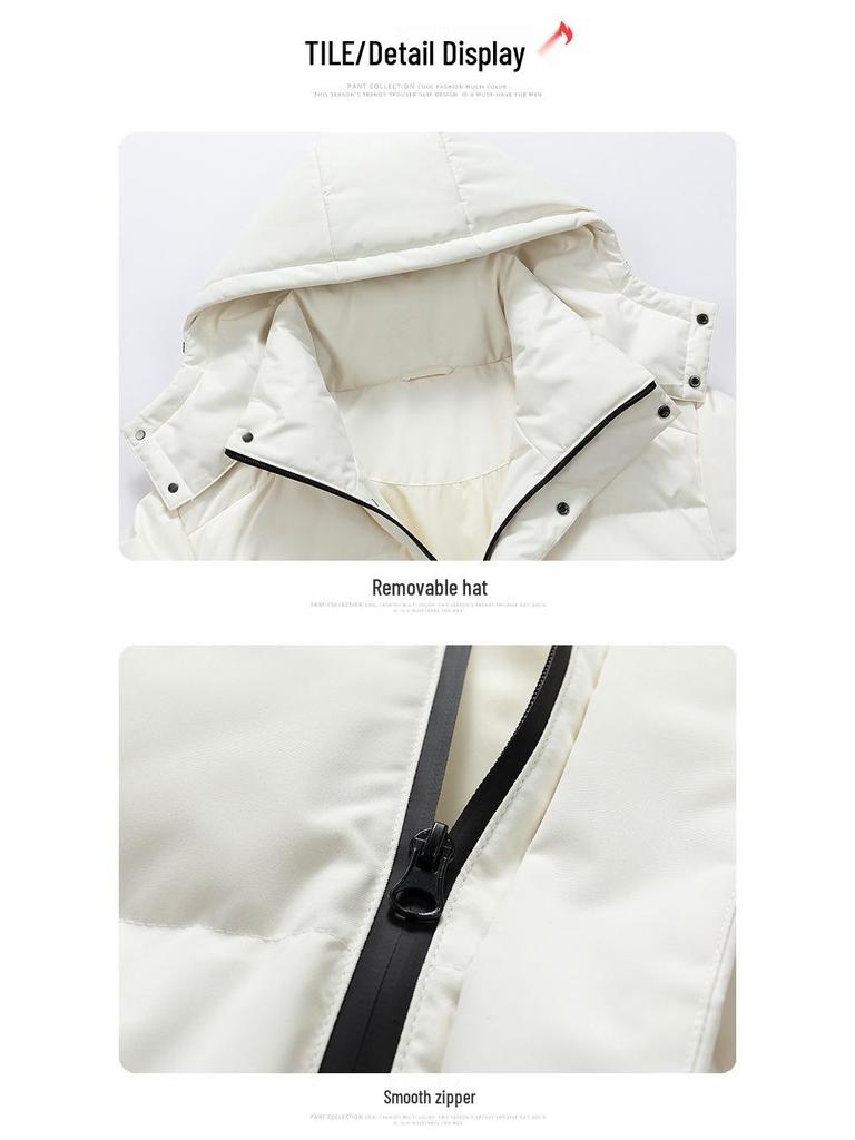 Men's Winter Down Jacket with Detachable Hood - 90% White Duck Down, Solid Color, Versatile Youth Style