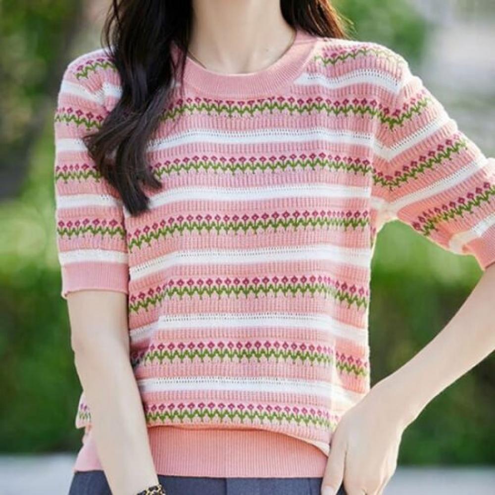 Navava Women Flower Stripe Short Sleeve Knit Tee Nk3117