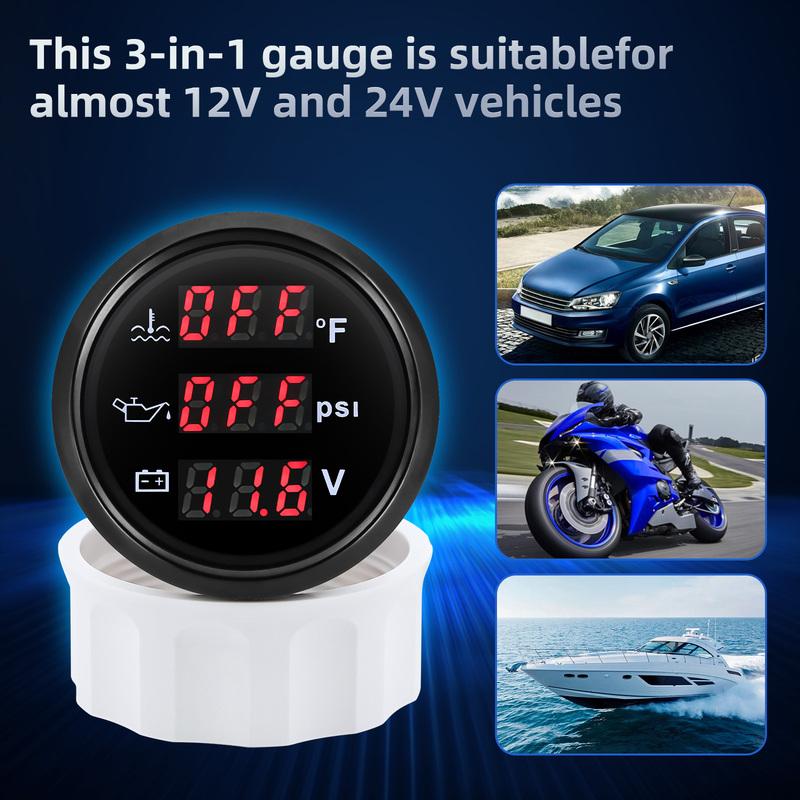 Red LED Digital Water Temperature+Oil Pressure+Voltmeter 3IN1 Multifunctional 52mm Gauge Alarm Waterproof Auto Car Boat