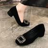 Shallow Single Shoes Autumn Square Head Shallow Mouth Soft Sole New Rhinestone French Black Temperament Shoes