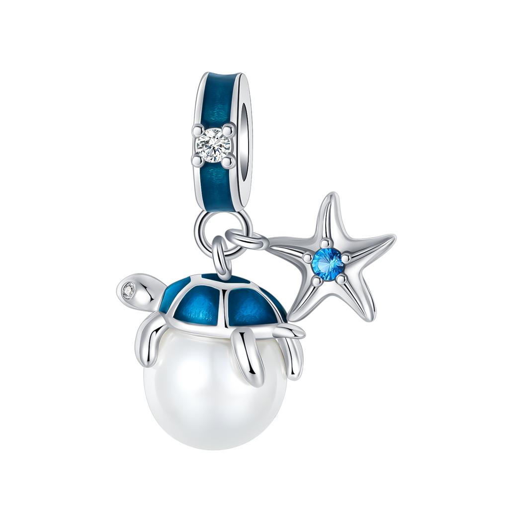 Blue Zircon Inlay Sea Turtle Starfish Charms Bead Original 925 Sterling Silver Pendants Fit Bracelet Jewelry Gift Marking