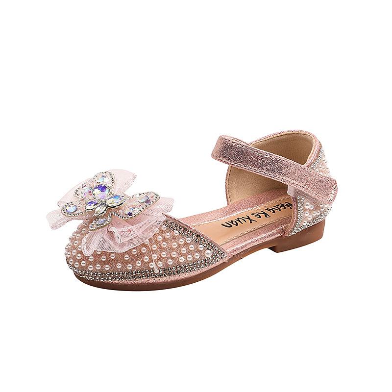 New Luxury Girl Shoes Elegant Pearl Butterfly Children's Sandals Fashion Versatile Wedding Party Flat Kids Casual Shoes Non-slip