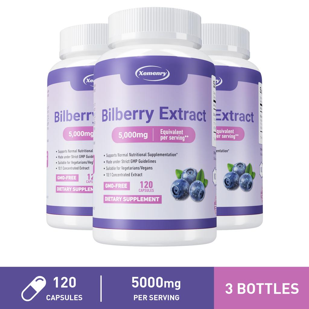 XEMENRY Bilberry Extract Capsules, 10:1 Concentrated Extract, 5000 Mg Bilberry Fruit, Suitable for Adults