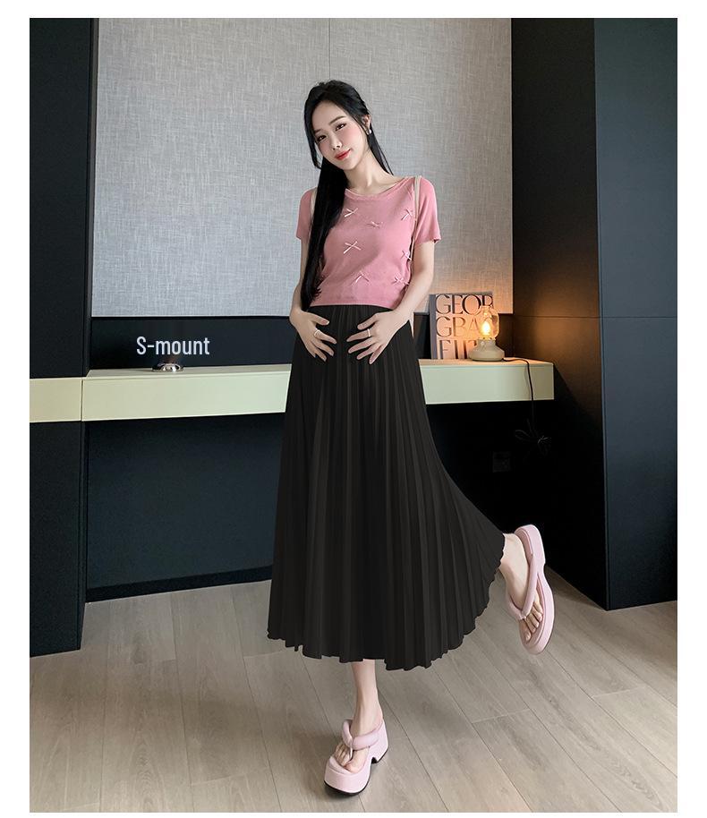 Maternity High Waist Pleated Chiffon Mid-Length Skirt - No Tummy Support, Summer Fashion.