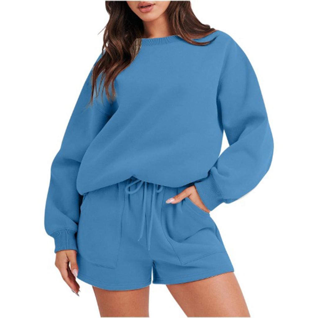 Women's Fashion Sportswear Casual Long-Sleeved Pullover Sweatshirt Drawstring Shorts Set