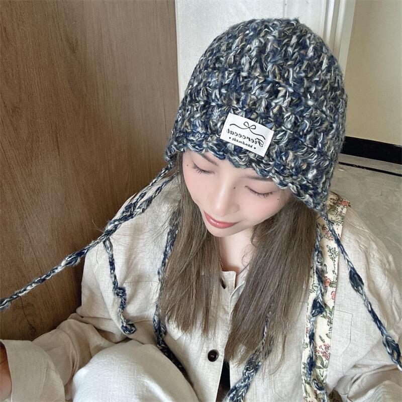 New Mixed Color Tassel Braid Crochet Wool Hat for Women Autumn and Winter Warm and Versatile Ear Protection Knitted Hat