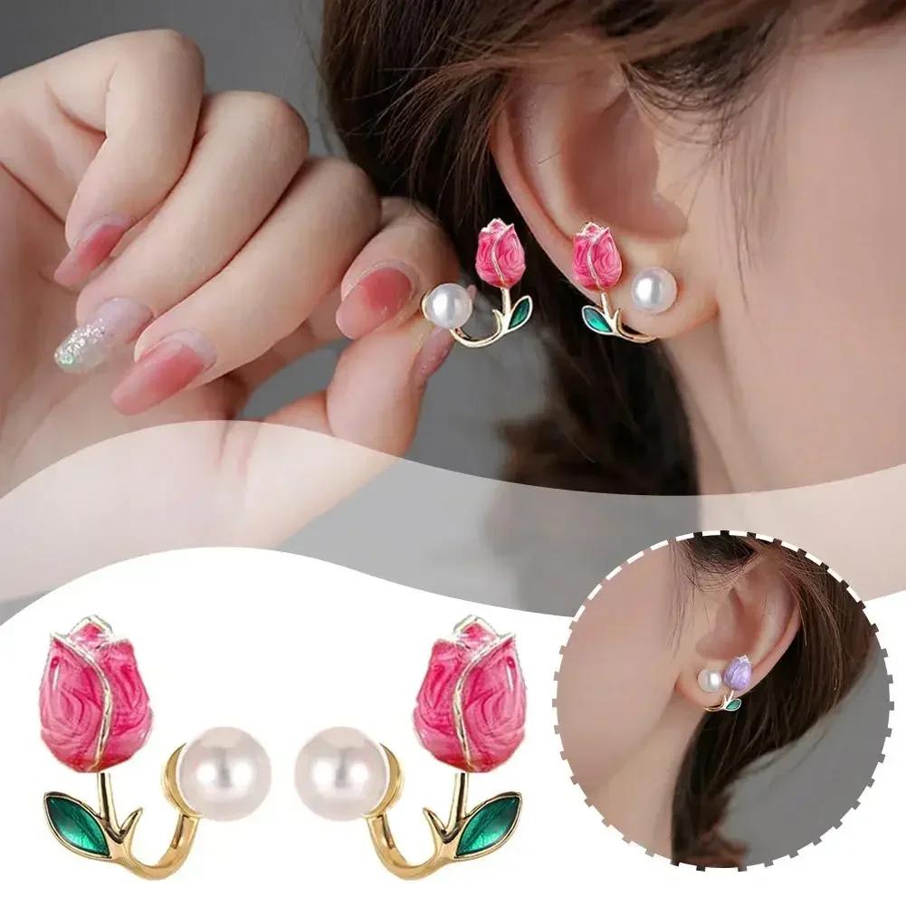 Pink Tulip Imitation Pearl Earrings Rose Flower Two Ways To Wear Ear Studs for Girls Daily Wear Women Ear Piercings Gifts