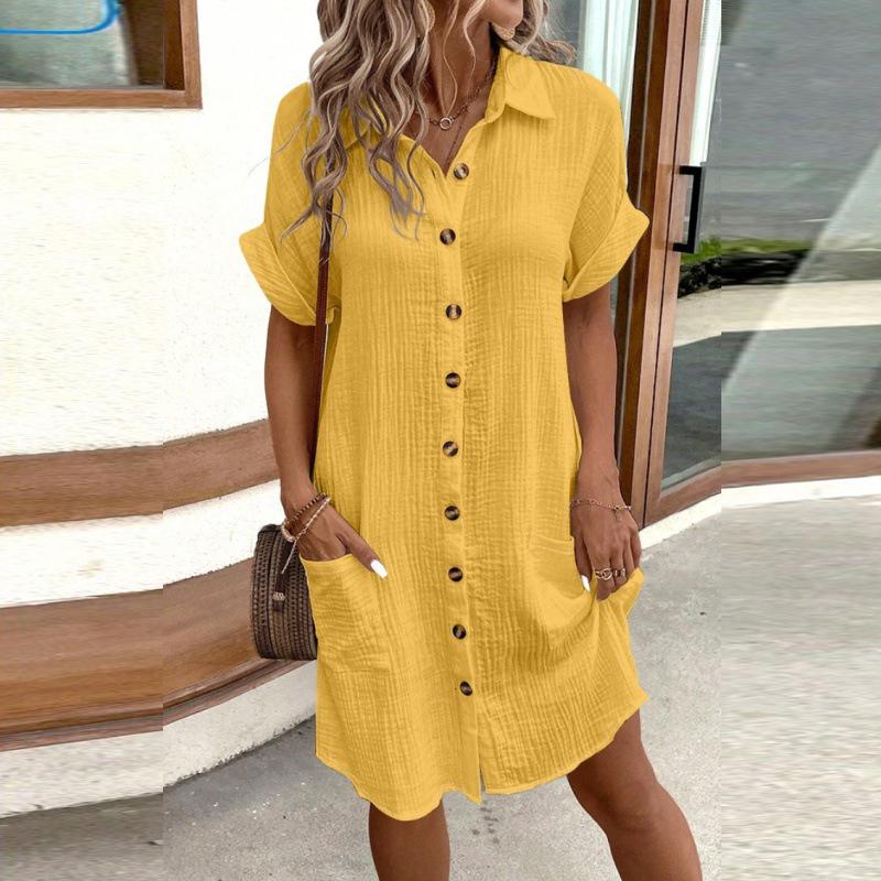 Summer Women's Fashion Simple Sexy V-neck Button Single Breasted Short Sleeve With Pocket Dress Women's Wear