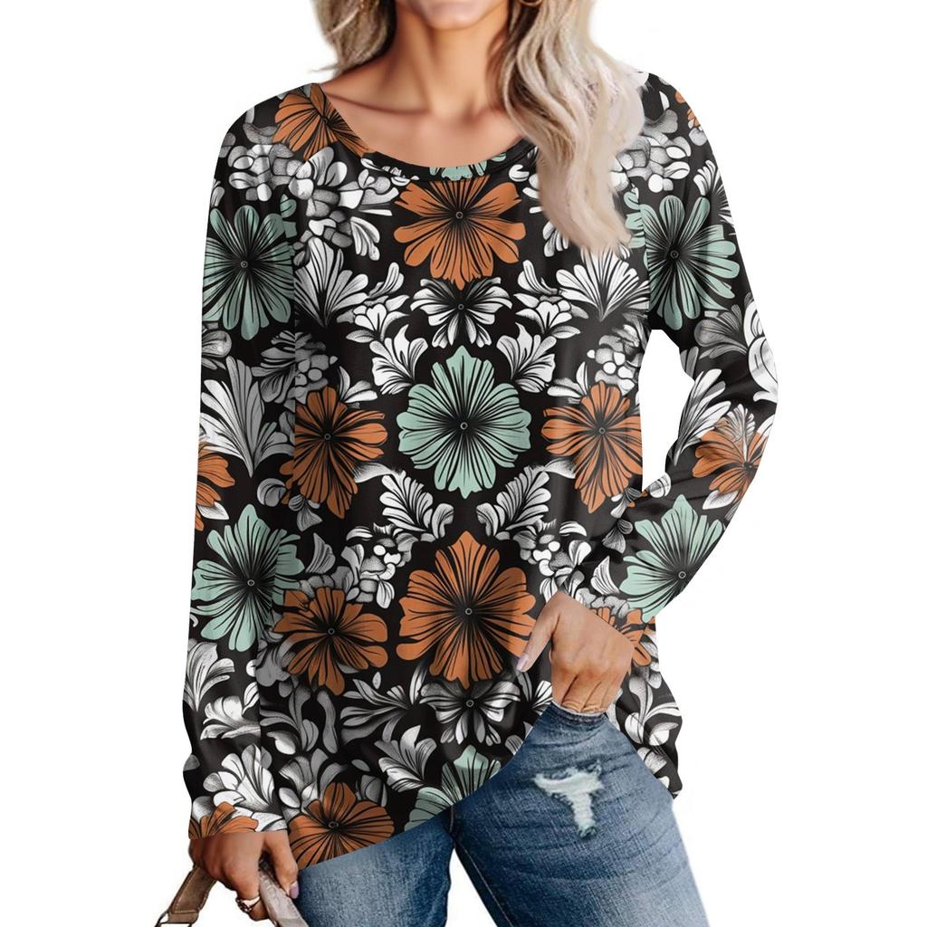 Women's Fashion Casual Long Sleeve  Print Round Neck Pullover Top Blouse