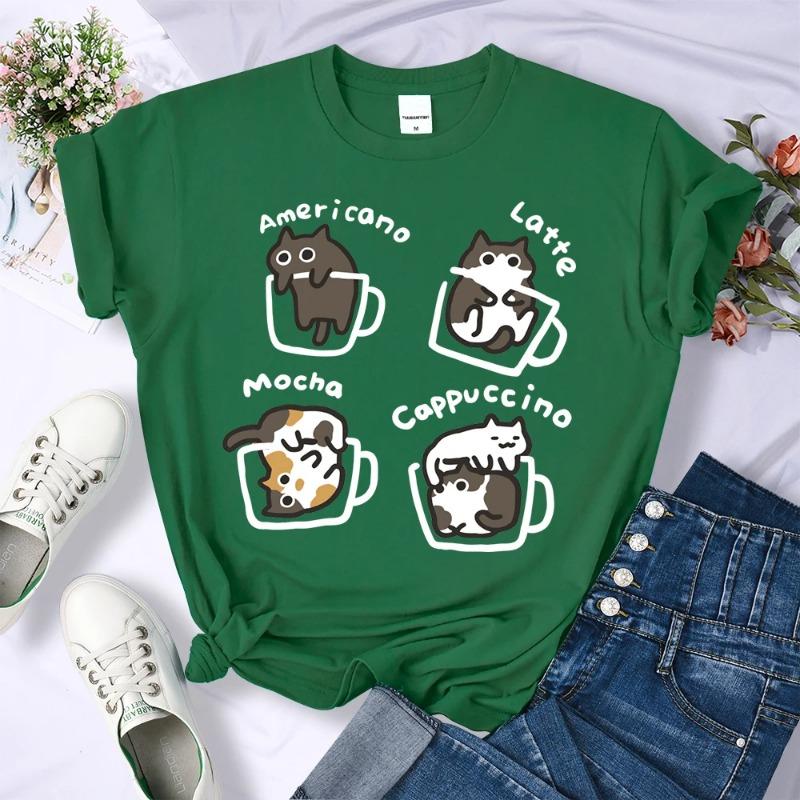 Cat Coffee Art Letter Printed T-Shirts Women Breathable O-Neck Tee Shirts Loose Short Sleeve Soft Street Casual Clothes Female