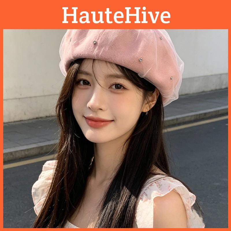 Lady Ballet Beret Hat With Pearl Mesh Embellishment For Casual Summer And Spring Wear