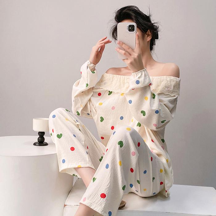 

Korean Sweet Princess Style Long Sleeve Pajamas Set Lace Trim Sleepwear Women s Spring Autumn New Cloud Cotton Home Clothes Set 2XL