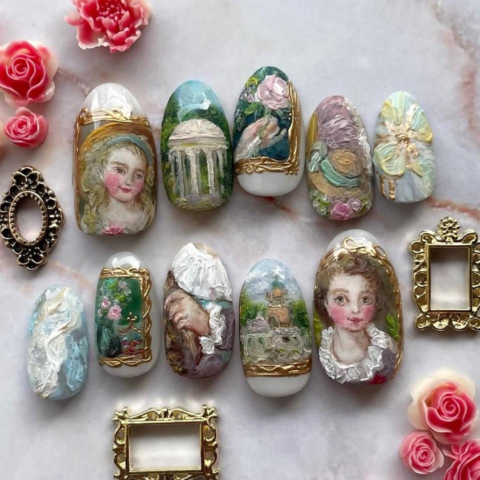 24PCS Retro Oil Paintings Patterns Almond False Nails with Glue Cute Sweet Garden Girl Stick On Nails Detachable Fake Nails Tips