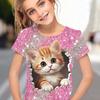 Abbigliamento per Bambini Ragazza T-shirt Manica Corta Stampa Gatto Cartone Animato 3D Vestiti Estivi per Bambini Moda Carina Abbigliamento per Ragazze Top in Poliestere