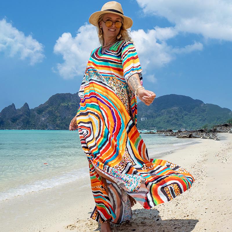 Bata con Estampado de Rayón para Proteger del Sol en la Playa y Vestido Cubre-traje de Baño
