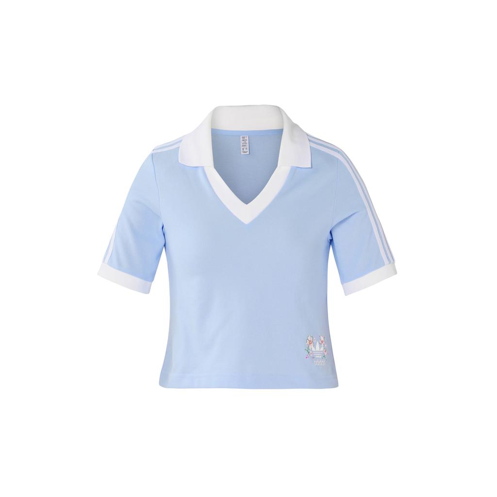 Adidas Ori Trefoil Cherry Blossom Ltd Floral Print Striped Crop Casual Polo Women Tops Light-Pink Blue IP3756