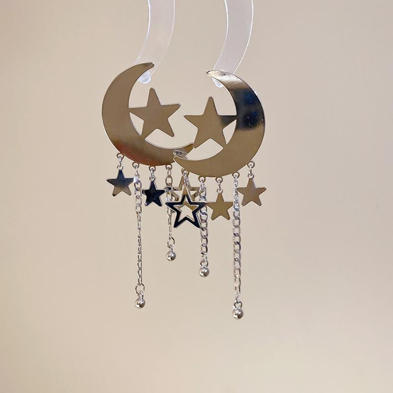 Phantom Moon Meteor~ Silver Needle Moon Star Tassel Earrings yk Sweet Cool Spice Girl Wind Earrings Design Sense Niche Earrings