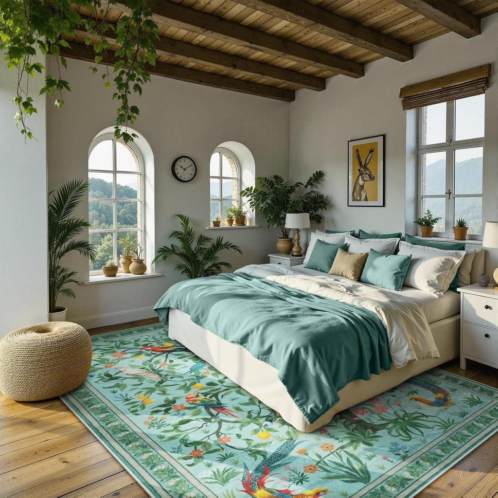 Green Living Room Carpet Bedroom Bedside Floor Mat Large Area Machine Washable Carpets Forest Bird Spring Home Decoration Rug